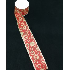 2.5 Inch Wired Christmas Ribbon with a Gold Metallic Circle Design on Red Faux Burlap, 10 Yds (Lot of 1 Spool) SALE ITEM